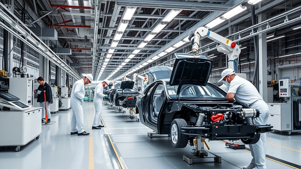 Modern luxury automotive manufacturing facility with precision assembly line, technicians in white uniforms working on high-end vehicle chassis, advanced robotic welding equipment, overhead lighting illuminating premium production environment, Japanese manufacturing excellence theme