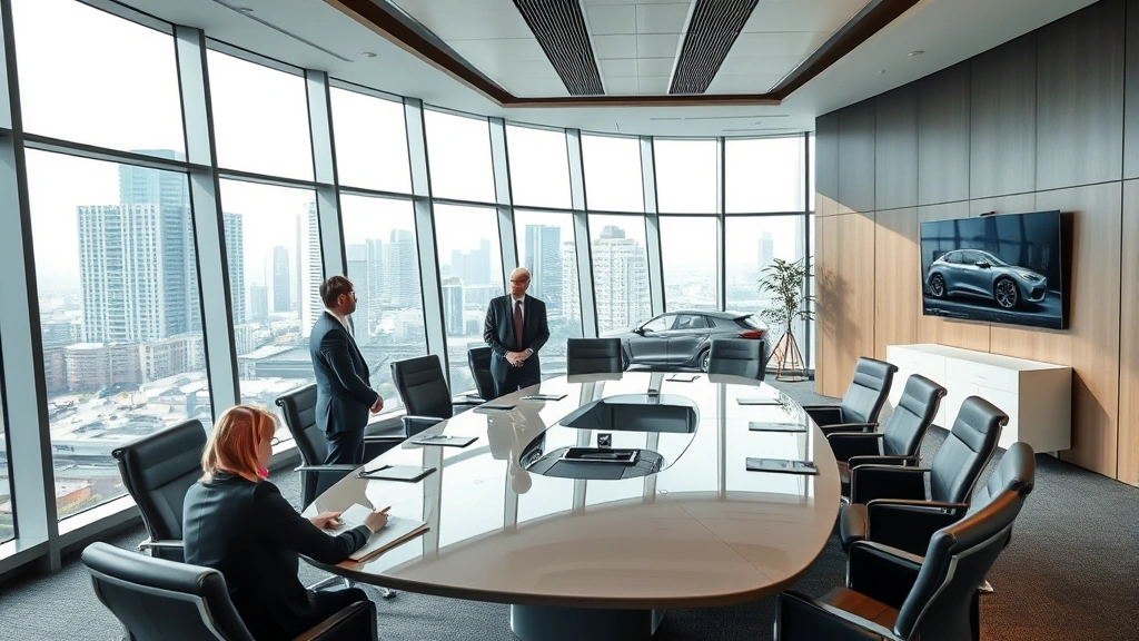 Executive boardroom with modern design showcasing automotive innovation, large windows overlooking urban skyline, luxury materials and finishes, business professionals reviewing strategic plans and vehicle design mockups, corporate leadership meeting atmosphere