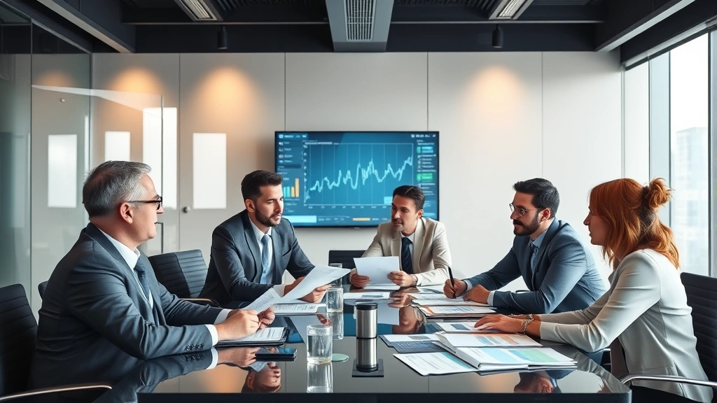 Diverse group of corporate executives in boardroom discussing strategy, reviewing documents and data displays, modern conference room with technology, professional attire