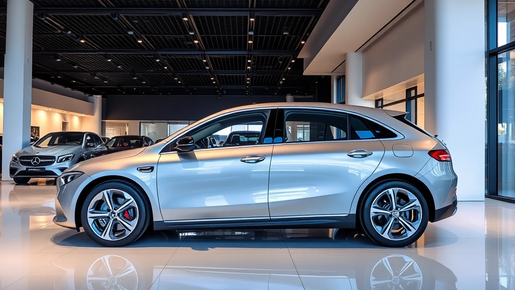 Mercedes-Benz luxury electric vehicle on display in premium showroom, sleek design, professional automotive retail environment, polished floors and modern lighting