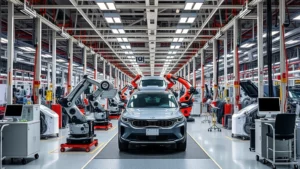 Modern Kia manufacturing facility with robotic assembly line, precision industrial equipment, quality control workstations, factory floor with advanced automotive production technology, South Korean industrial setting, professional corporate environment