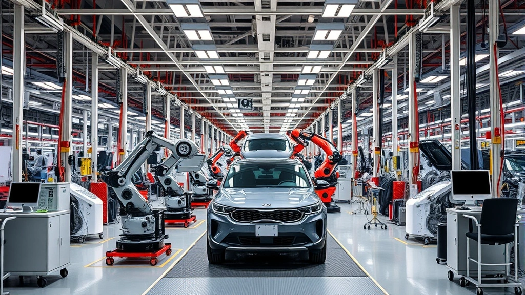 Modern Kia manufacturing facility with robotic assembly line, precision industrial equipment, quality control workstations, factory floor with advanced automotive production technology, South Korean industrial setting, professional corporate environment