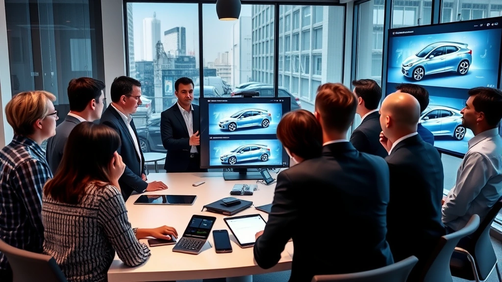 Diverse team of automotive engineers and executives in modern conference room, reviewing electric vehicle designs on digital displays, collaborative business meeting, corporate strategy planning, professional workplace setting