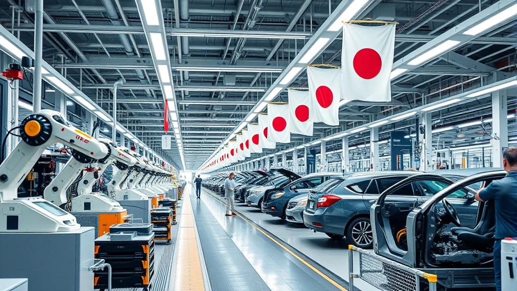 Modern automotive manufacturing facility in Japan with advanced robotics and assembly line workers, showcasing precision engineering and quality control processes, bright industrial lighting, clean factory environment with Japanese flags visible