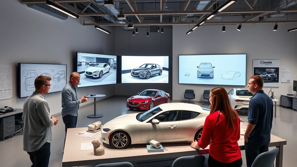 Mazda vehicle design center with engineers examining clay models and digital 3D renderings on large screens, sketches and design iterations on walls, collaborative workspace with natural light and modern furnishings