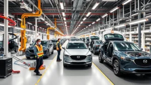Professional Mazda automotive manufacturing facility with advanced robotics assembly line, workers in safety equipment, modern factory interior with overhead conveyors and quality control stations
