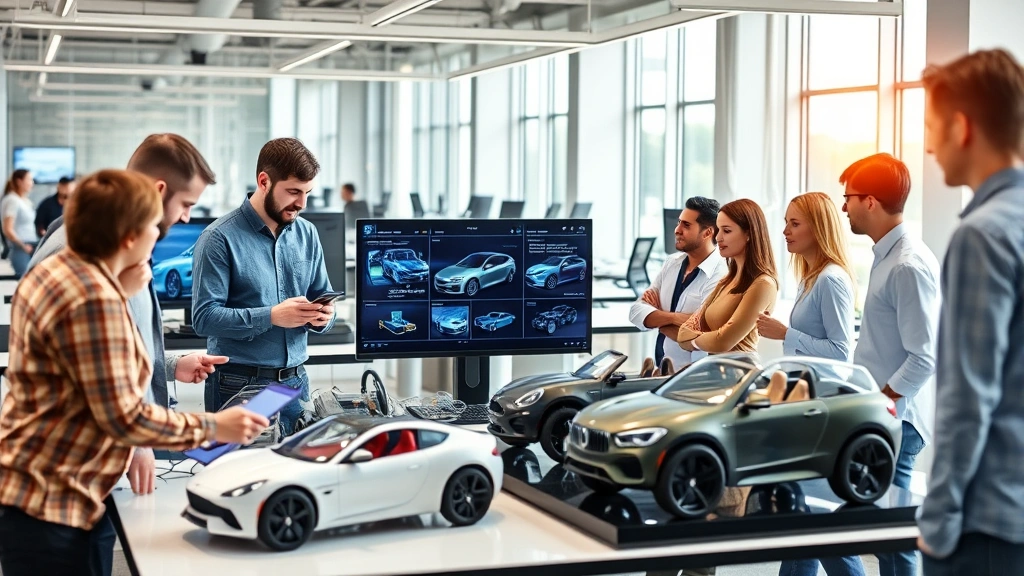 Diverse team of automotive engineers and product designers collaborating around digital displays and vehicle design models in contemporary office environment, professional business setting