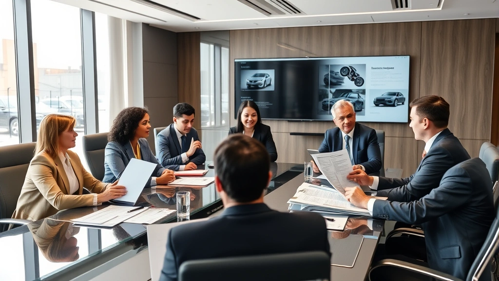 Executive boardroom meeting with diverse international business professionals reviewing automotive industry reports and strategic documents, modern corporate meeting space with technology