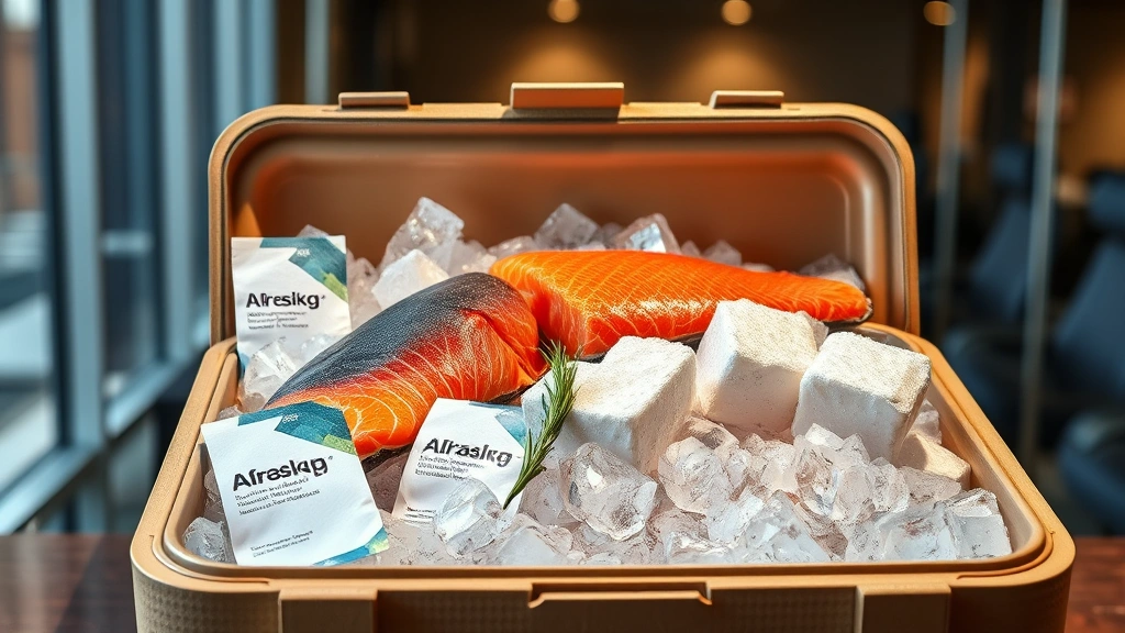 Professional seafood packaging with ice and fresh Alaskan salmon fillets displayed on premium insulated box, corporate office background, photorealistic product photography, high-end food delivery aesthetic