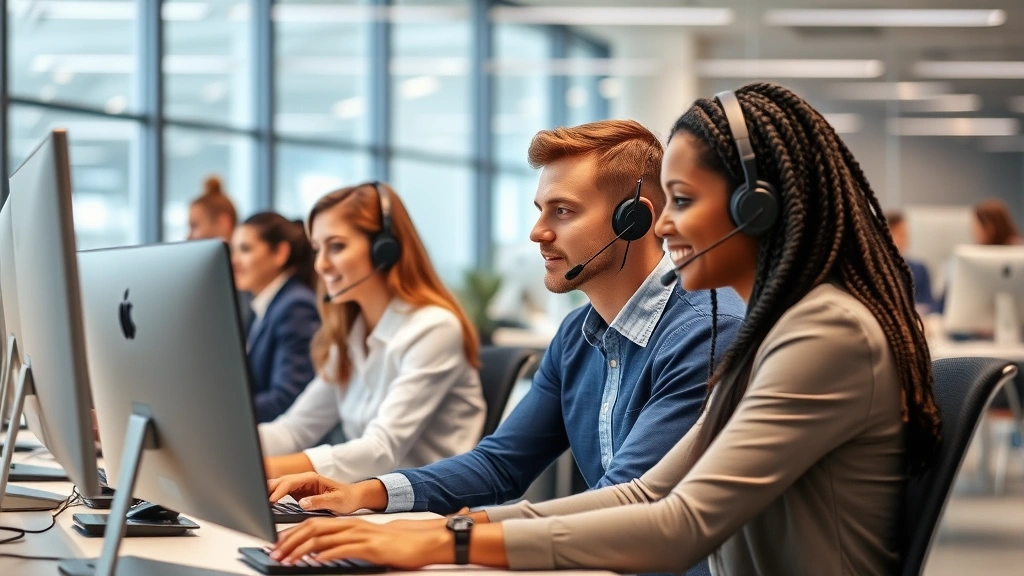 Team of customer service representatives in modern office environment assisting customers via multiple communication channels, professional corporate setting, collaborative workspace, diversity representation