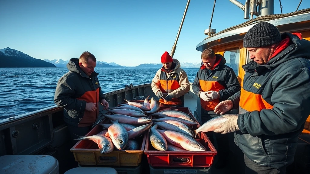 Sustainable fishing vessel in Alaskan waters with professional fishermen handling wild-caught salmon, ocean landscape background, authentic maritime working environment, professional documentary style photography