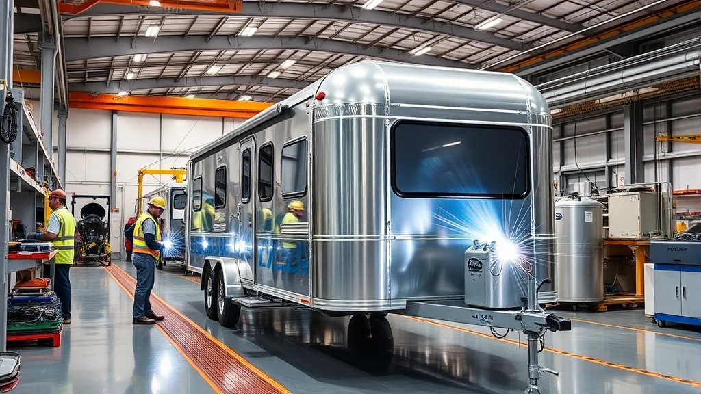 Modern manufacturing facility with advanced production equipment, stainless steel trailer assembly line, skilled workers in safety gear, bright industrial lighting, precision welding operations visible