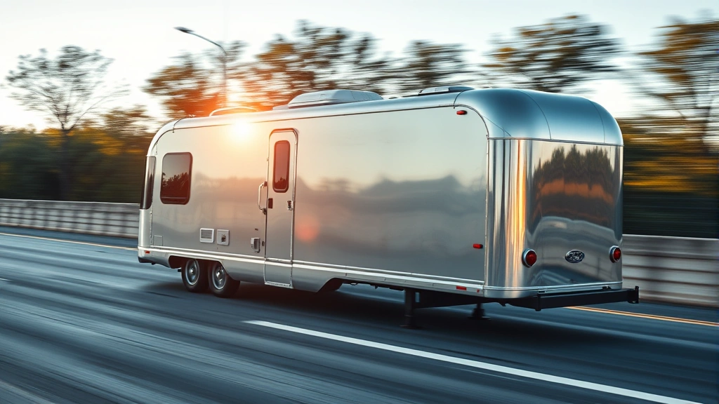 Sleek aerodynamic trailer design photographed from side angle, polished aluminum exterior catching sunlight, highway background with motion blur, professional commercial truck setting
