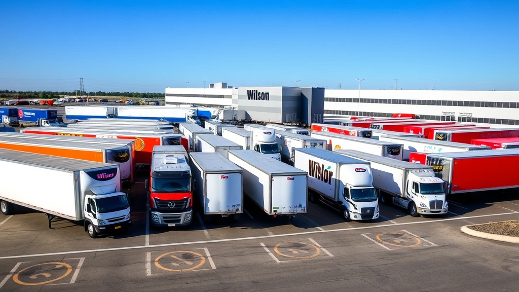 Fleet of diverse Wilson trailers parked in organized lot, refrigerated units, flatbeds, dry vans visible, modern logistics facility background, clear blue sky, professional transportation environment