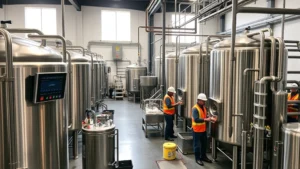 Modern brewery production facility with stainless steel fermentation tanks, professional brewmaster monitoring equipment, industrial-scale operations with workers in safety gear, natural lighting highlighting operational precision and quality control systems