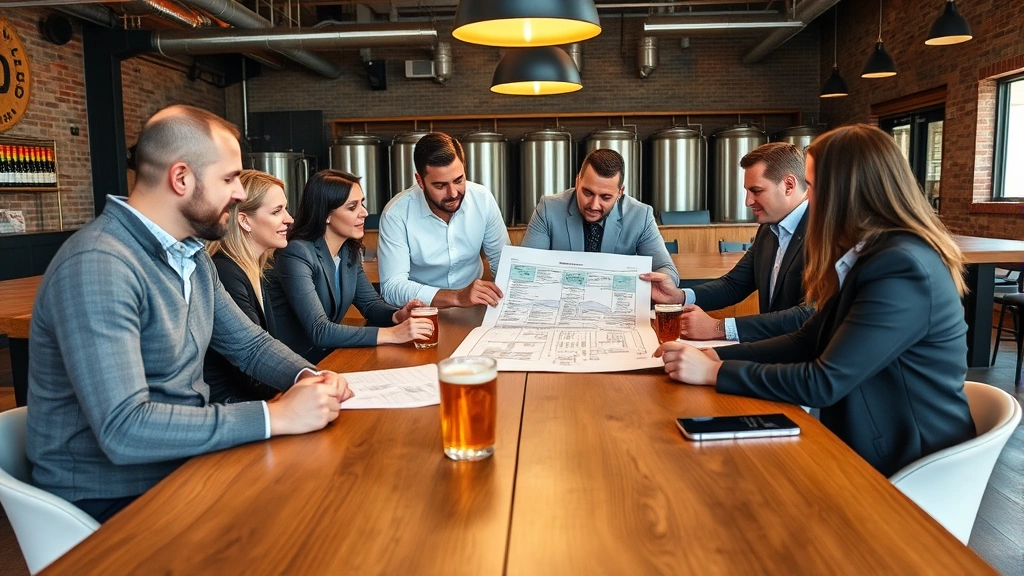 Executive leadership team in contemporary brewery taproom setting, diverse professionals reviewing expansion plans at wooden table, craft beer samples and business documents visible, collaborative atmosphere reflecting strategic planning and decision-making