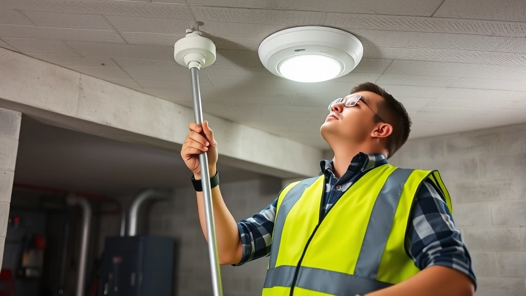Professional fire alarm technician in safety vest testing ceiling-mounted smoke detector in finished basement with concrete walls and mechanical equipment visible in background, using testing pole, bright professional lighting
