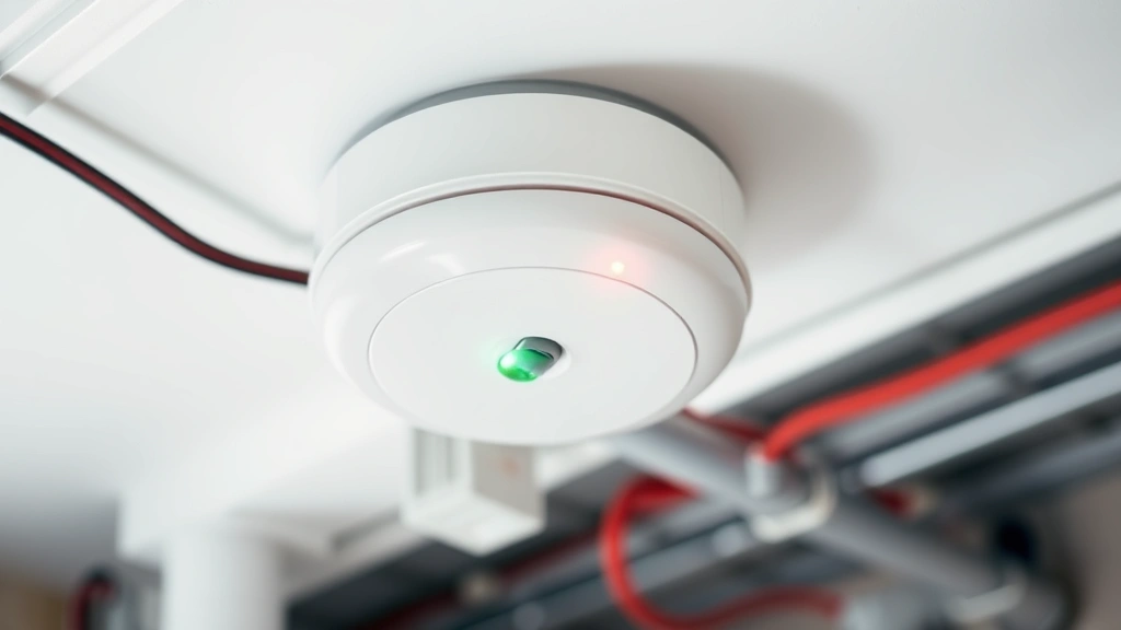 Close-up of dual-sensor fire alarm detector mounted on white basement ceiling with visible wiring, showing red and green indicator lights, clean modern installation against exposed pipes and ductwork