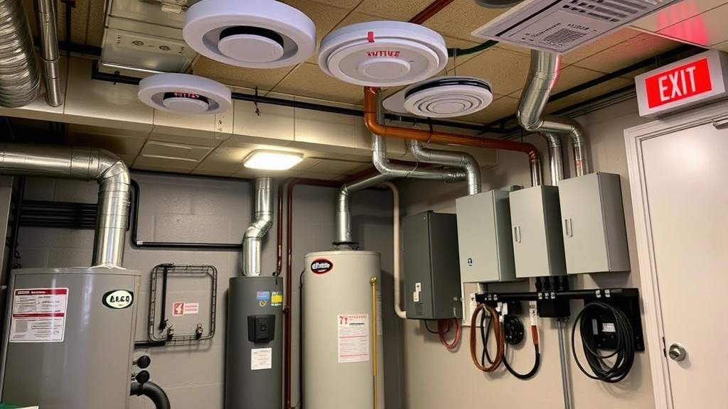 Modern basement utility room with furnace, water heater, and electrical panels, showing properly installed fire detection devices on ceiling, clear emergency exit sign, organized storage, professional commercial setting