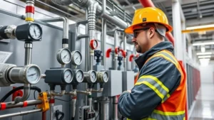 Professional fire safety engineer in hard hat inspecting advanced fire suppression system components in modern data center, examining pressure gauges and monitoring equipment, clean industrial environment