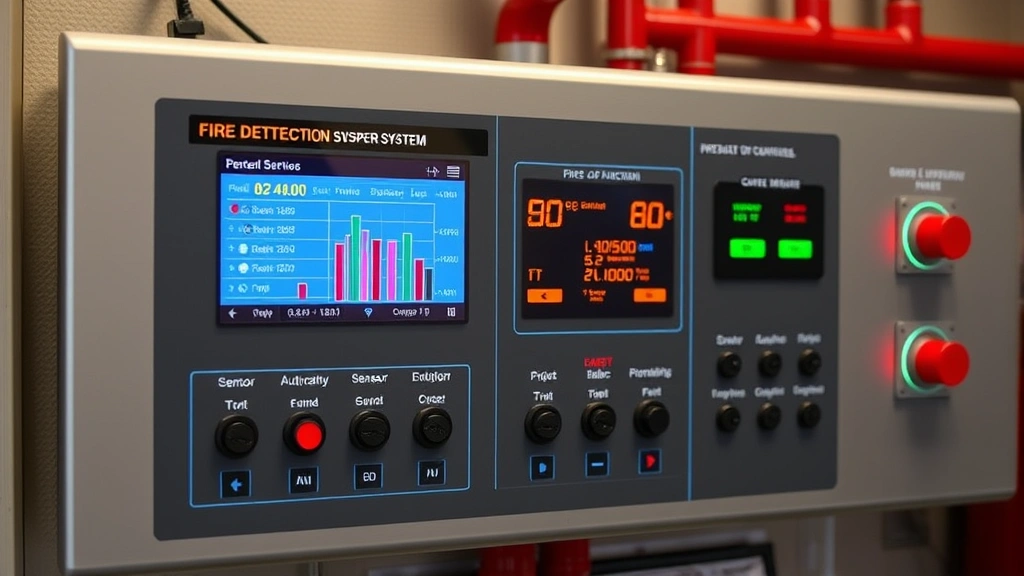 Integrated building control panel displaying real-time fire detection and suppression system status with multiple sensor inputs and automated response indicators, professional facility management setup