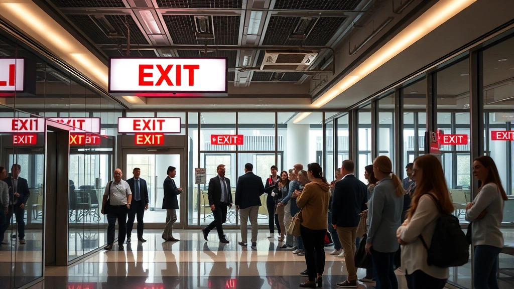 Emergency evacuation drill in progress with personnel following illuminated exit signage in professional office building, orderly assembly at designated outdoor meeting point with staff verification procedures