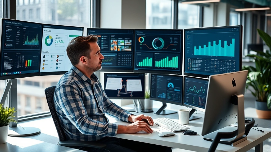 Professional business analyst sitting at modern desk reviewing multiple computer monitors displaying Wisconsin company databases and business intelligence dashboards, natural office lighting, corporate environment