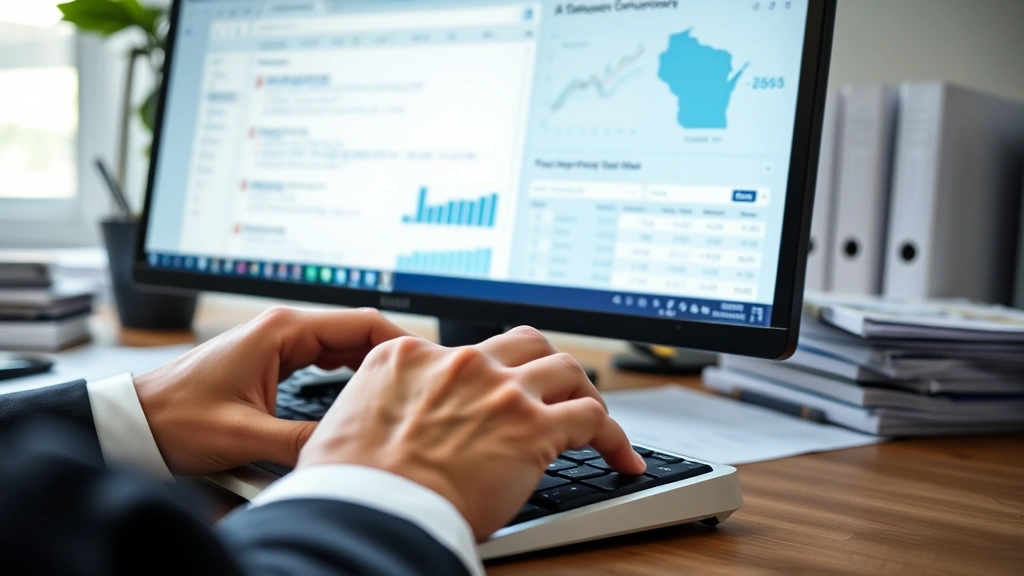 Close-up of hands typing on keyboard while analyzing business data on desktop screen, Wisconsin company search results visible, organized workspace with business documents, professional setting