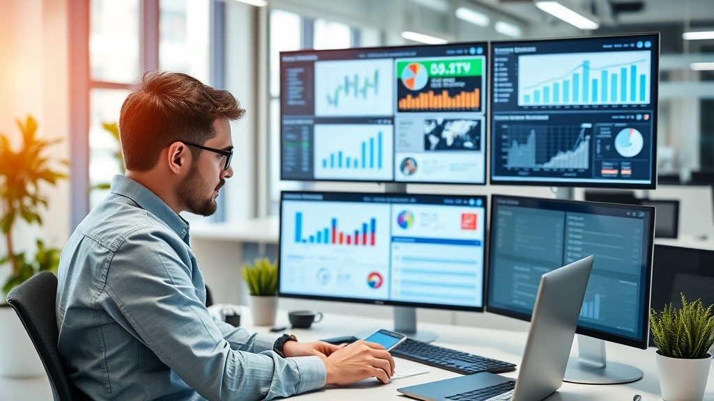 Business professional examining company information on multiple digital platforms simultaneously, data visualization charts and company profiles displayed, collaborative office environment with modern technology