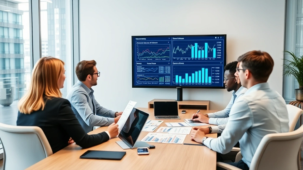 Professional business consultants in modern office conference room reviewing financial charts and strategy documents on large display screens, collaborative team environment with diverse professionals