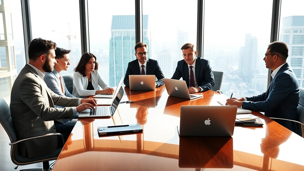 Executive leadership team engaged in strategic planning session around polished conference table with laptops and notebooks, bright natural lighting through floor-to-ceiling windows overlooking city skyline