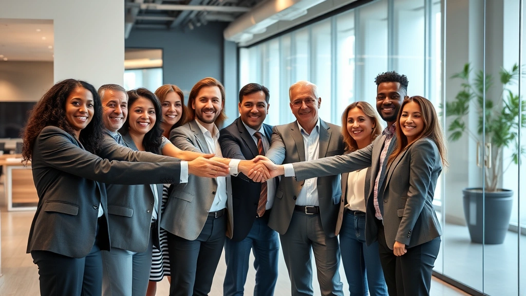 Diverse group of business professionals celebrating successful project completion in contemporary office space, handshakes and smiles indicating partnership success and achievement of business goals