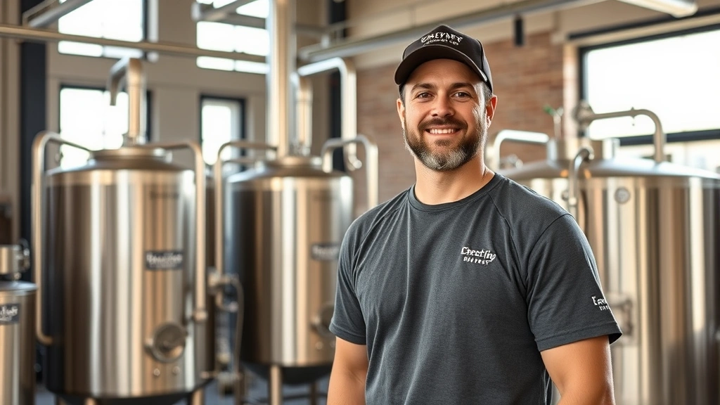 Professional craft brewery owner standing in modern taproom with stainless steel brewing equipment visible in background, wearing brewery branded apparel, confident expression, natural lighting from industrial windows