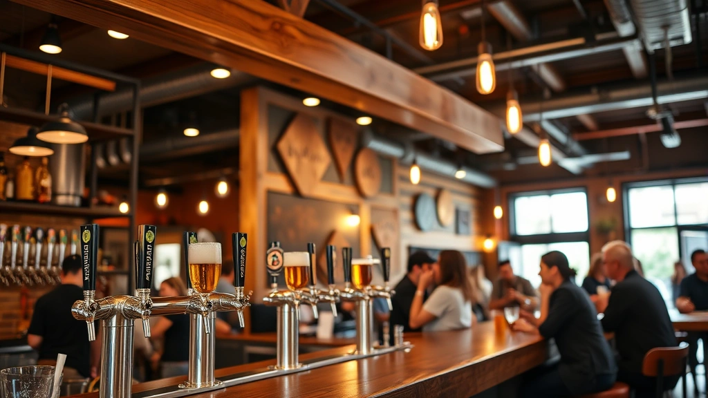 Interior of contemporary brewery taproom with wooden bar counter, tap handles displaying various beer styles, customers enjoying beverages in casual atmosphere, warm ambient lighting, modern rustic decor