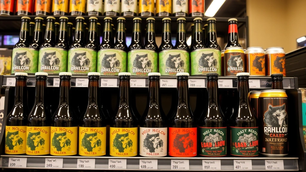 Rows of craft beer bottles and cans on retail shelving with Wolf Hollow branding, professionally lit display, various beer styles visible, retail environment, natural lighting highlighting product packaging