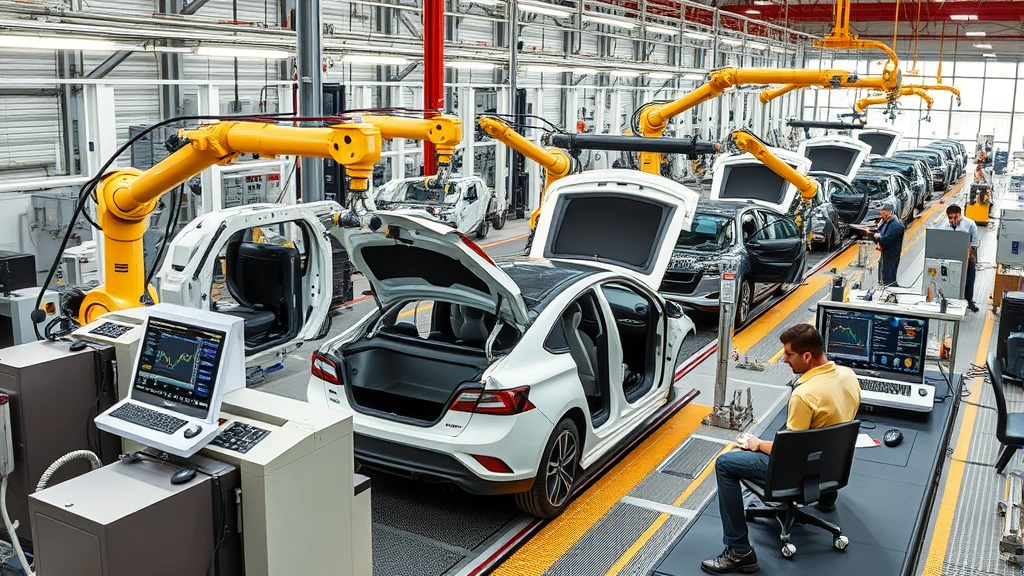 Precision automotive manufacturing facility with advanced assembly line equipment, robotic systems, and quality control stations monitoring vehicle production in modern industrial plant setting