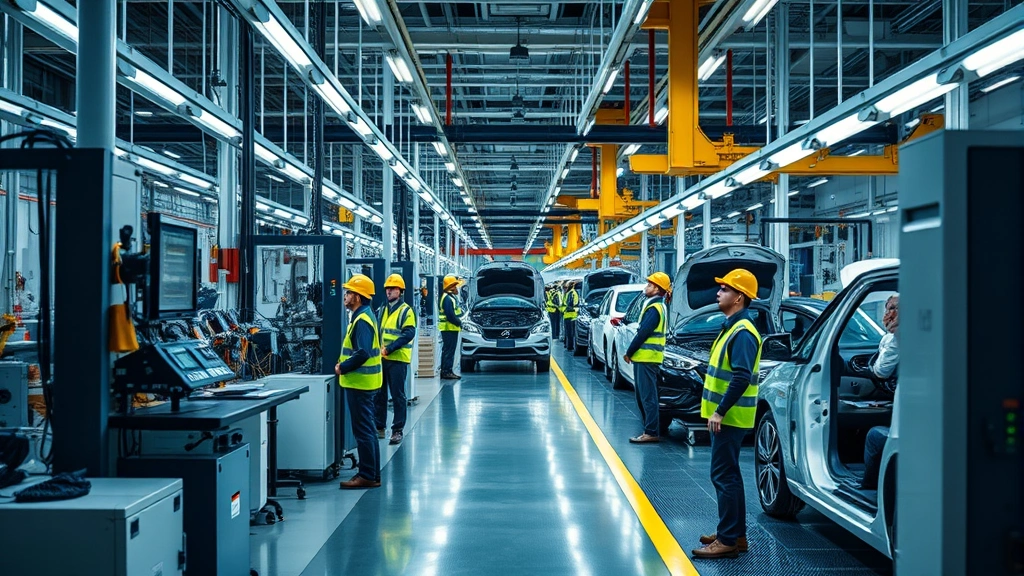 Manufacturing facility with precision equipment and quality control stations, workers in safety gear monitoring production lines in modern automotive plant