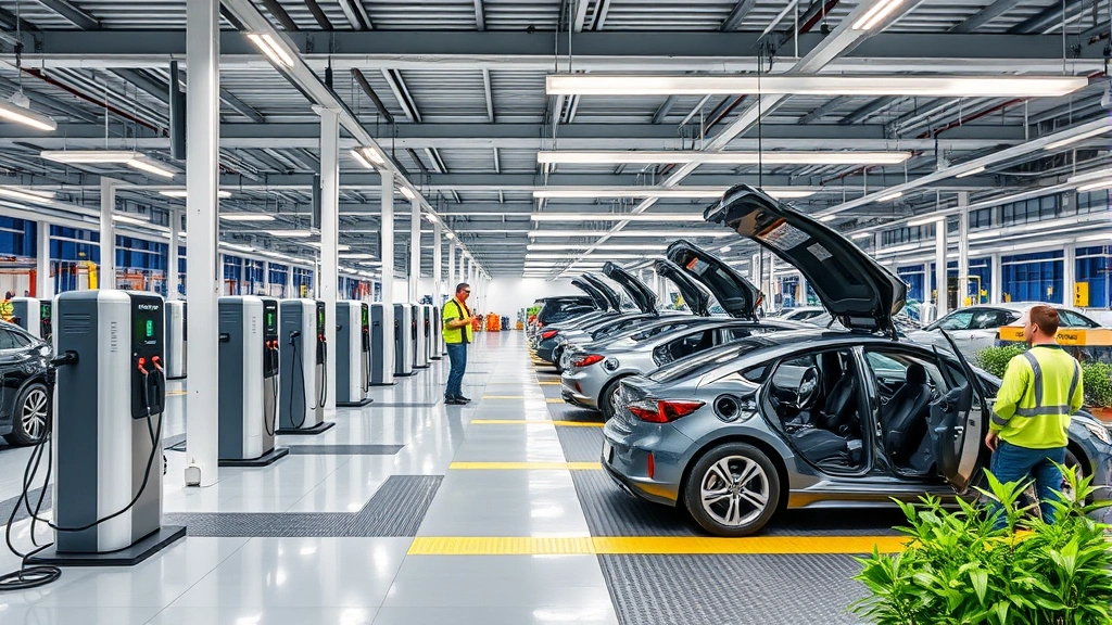 Modern automotive facility with electric vehicle charging stations, sustainable manufacturing processes, and workers implementing green production technologies