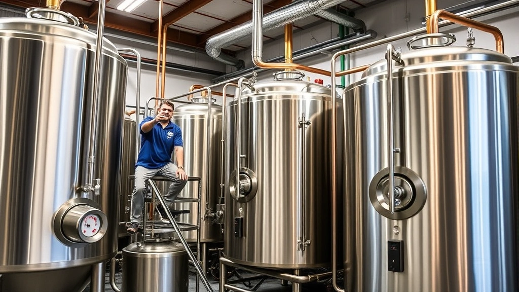Professional brewery production facility with stainless steel fermentation tanks, copper piping, and brewmaster monitoring equipment in modern industrial setting