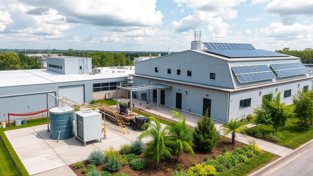 Sustainable brewery operations showing water treatment systems, recycling stations, and solar panels on facility roof with green landscaping