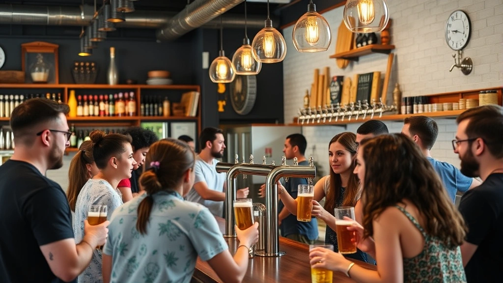 Craft beer taproom with diverse customers enjoying draft beers, modern tap system, and contemporary bar design reflecting community engagement