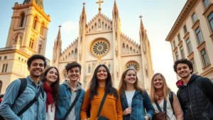 Professional group of diverse high school students standing in front of a historic European cathedral, engaged and smiling, wearing casual travel clothing, golden hour lighting, authentic candid moment capturing educational travel experience