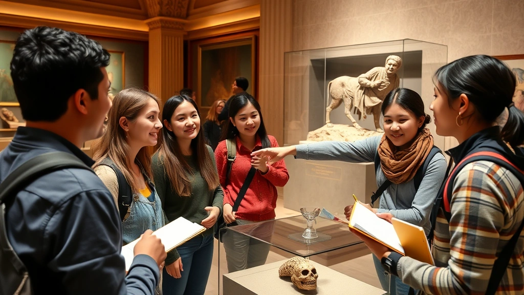 Experienced trip leader conducting interactive educational session with multinational student group in museum setting, pointing to historical artifact, students taking notes and engaged, warm museum lighting, demonstrating academic integration in travel
