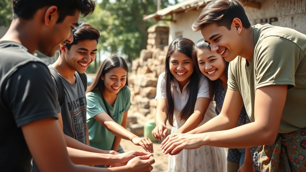 Young adult students collaborating on community service project in developing country, building structure with local residents, genuine smiles and cultural exchange, natural daylight, showing service-learning and global citizenship development