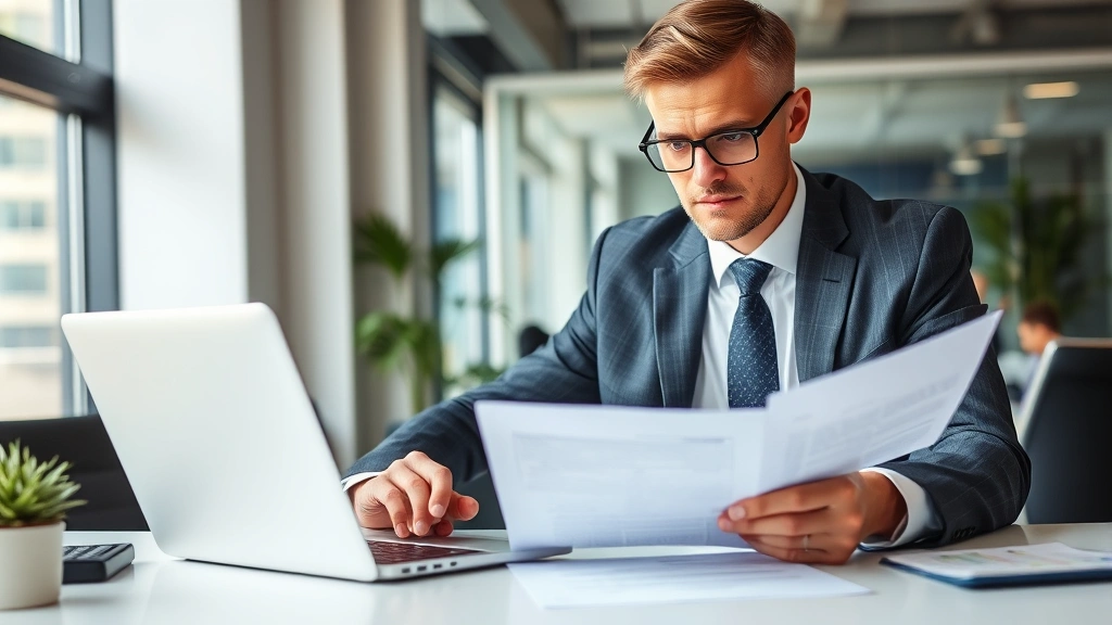 Professional businessman reviewing warranty documents at desk with laptop and calculator, serious expression analyzing contract terms, modern office environment with natural lighting