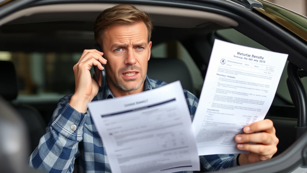 Frustrated customer on phone call with frustrated expression, holding vehicle repair estimate and warranty paperwork, showing confusion and stress about claim denial