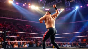 Professional wrestler performing in modern arena with enthusiastic crowd, dramatic lighting, professional photography quality, corporate entertainment setting
