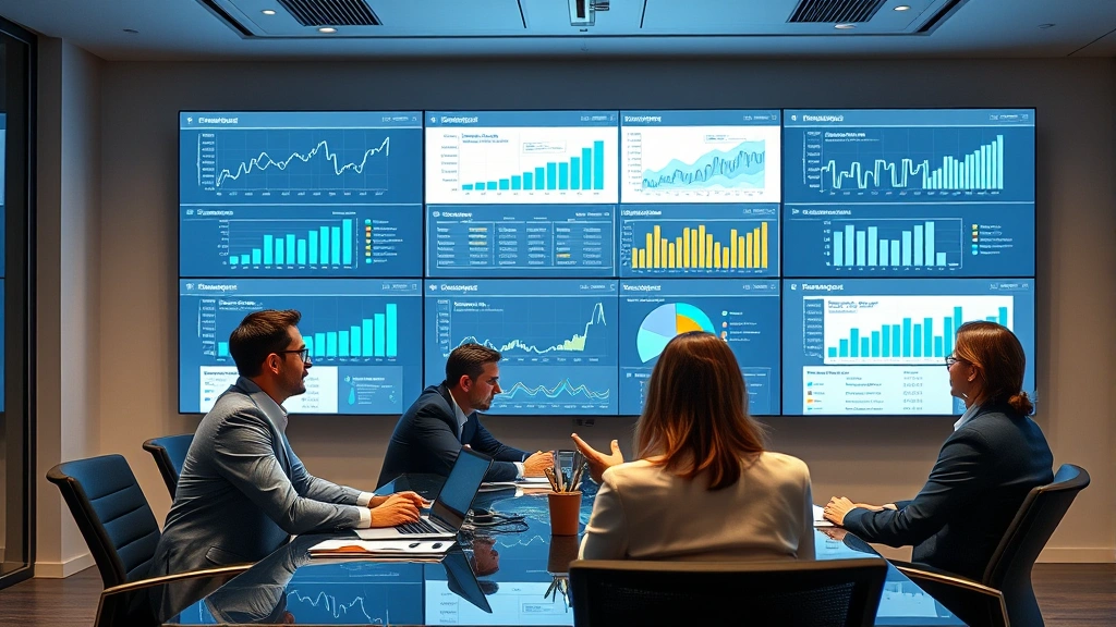 Business executive team in conference room reviewing digital analytics dashboards and financial performance metrics on large screens
