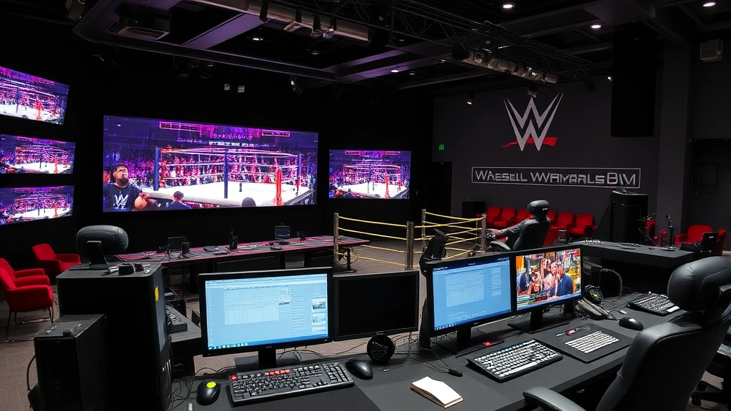 Professional wrestling broadcast production control room with multiple monitors displaying live event coverage and technical production equipment