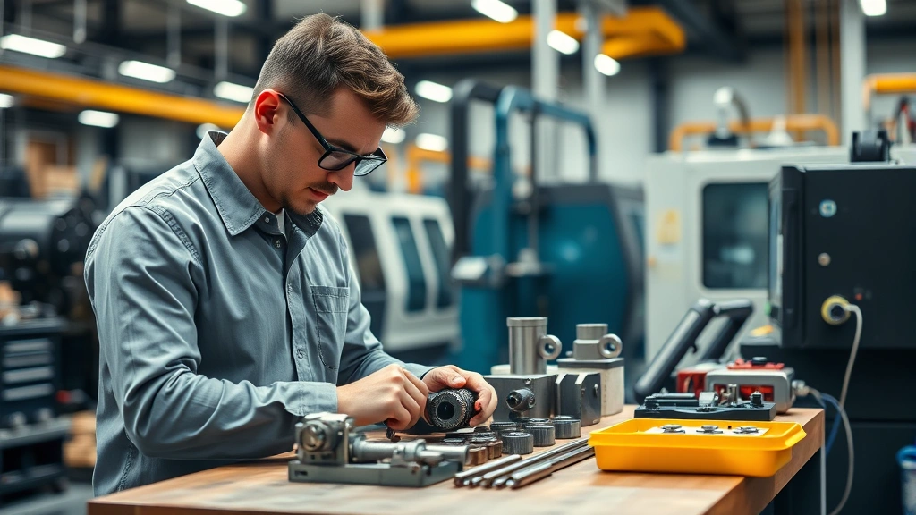 Professional engineer in modern manufacturing facility inspecting precision metal tools on workbench with quality control instruments and advanced machinery in background